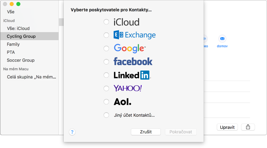 Okno pro přidávání internetových účtů do aplikace Kontakty