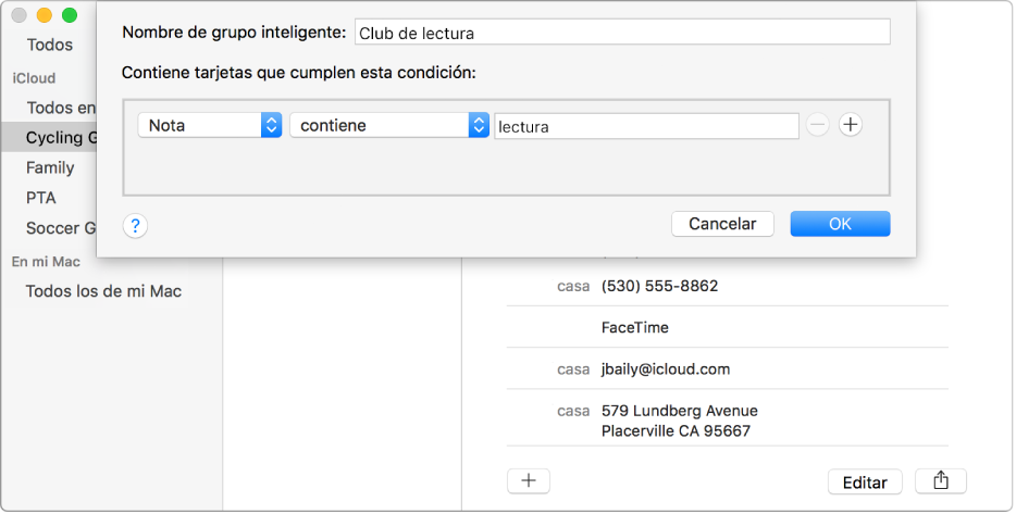 La ventana para agregar un grupo inteligente con un grupo llamado “Club de lectura” que incluye contactos que tienen “lectura” en el campo Nota.