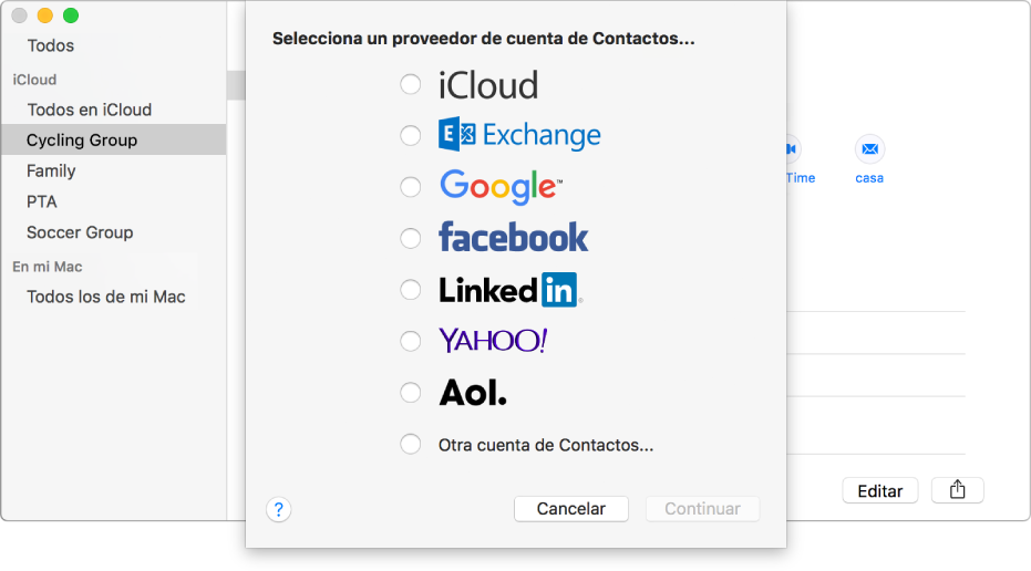 La ventana para agregar cuentas de Internet a la app Contactos.