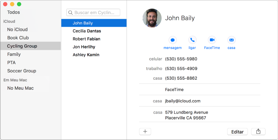 Janela do Contatos mostrando a barra lateral com grupos, como Clube do Livro e Grupo de Ciclismo, além do botão na parte inferior de um cartão de contato para adicionar um novo contato ou grupo.