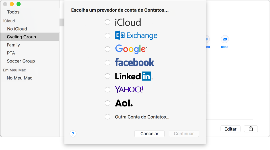 Janela para adicionar contas de Internet ao app Contatos.