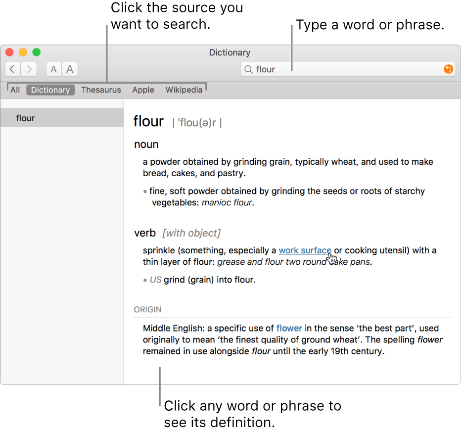 The full Dictionary window showing a definition. Click any word or phrase in the definition to see its definition. To select a source to search, click its name in the source bar, located under the toolbar. Type a word or phrase into the search field.