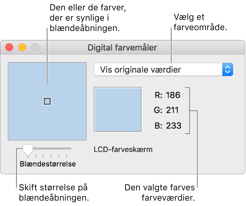 Vinduet Digital farvemåler, der viser den valgte farve i blændeåbningen til venstre, lokalmenuen farveområde, farveværdierne og mærket Blændestørrelse.