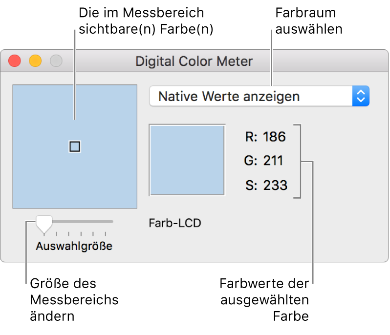 Das Fenster „Digital Color Meter“ mit ausgewählten Farben im Messbereich links, dem Einblendmenü „Farbraum“, den Farbwerten und dem Schieberegler „Auswahlgröße“ für den Messbereich