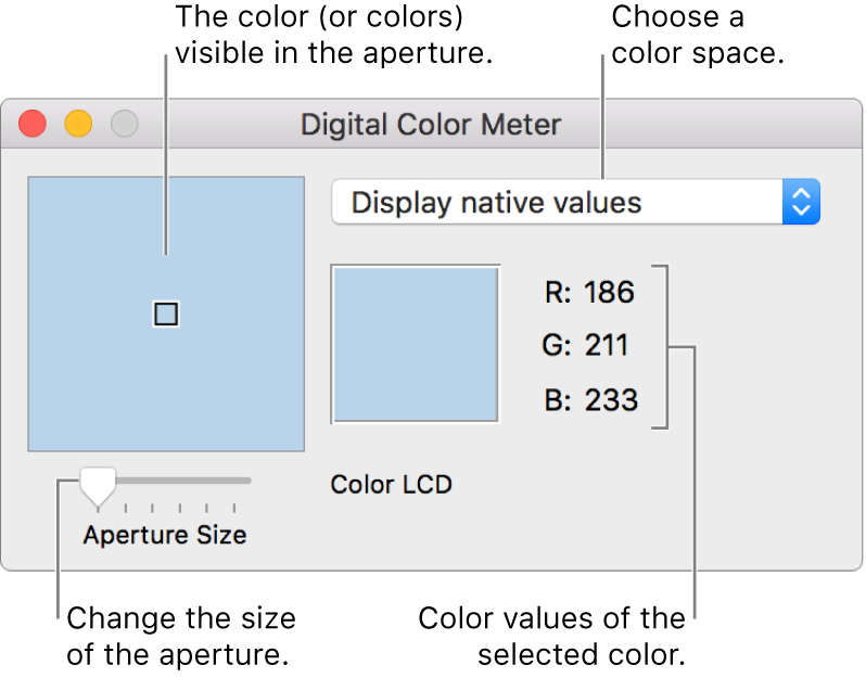 The Digital Color Meter window, showing the color selected in the aperture at left, the color space pop-up menu, the color values, and the Aperture Size slider.