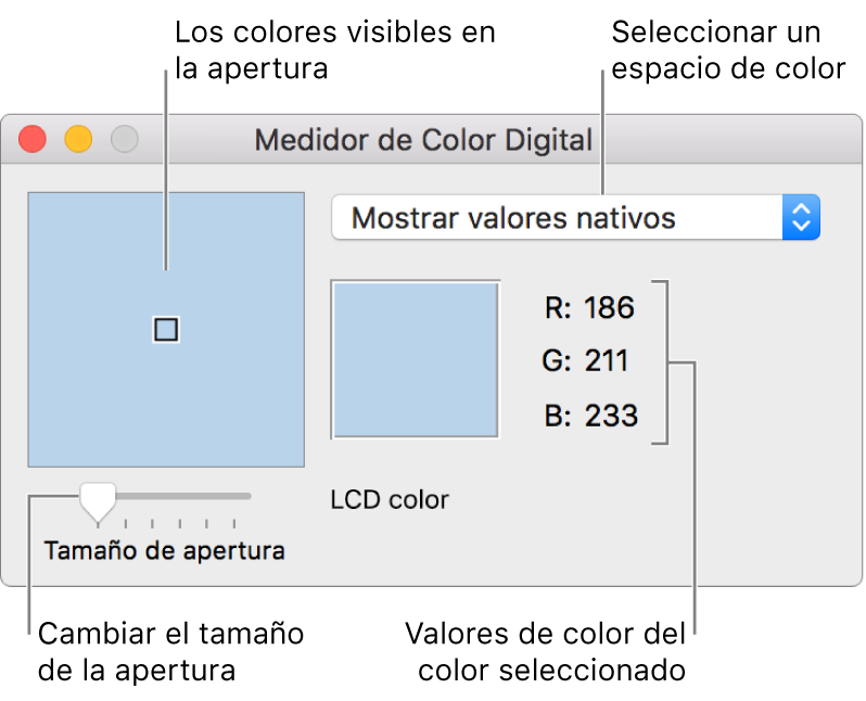 Ventana de Medidor de Color Digital con el color seleccionado en la apertura a la izquierda, el menú desplegable de espacio de color, los valores de color y el regulador “Tamaño de apertura”.