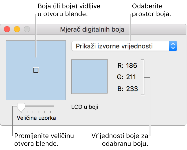 Prozor Mjerač digitalnih boja, prikazuje boju odabranu u uzorku slijeva, skočni izbornik prostora boje, vrijednosti boje i kliznik Veličina uzorka.