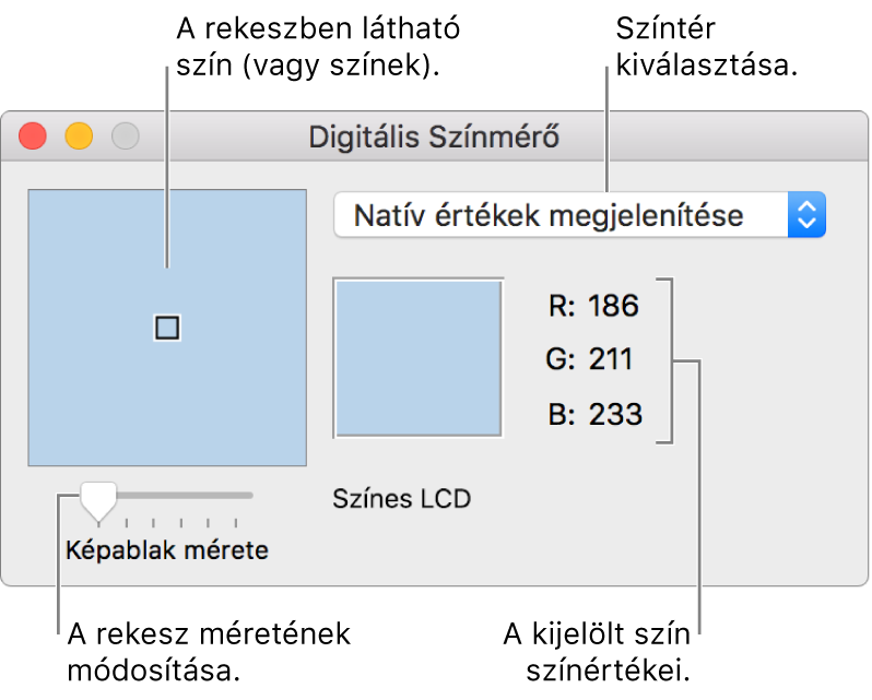 A Digitális Színmérő ablaka; a kiválasztott szín a bal oldalon, a képablakban, a színtér előugró menü, a színértékek és a Képablak mérete csúszka.