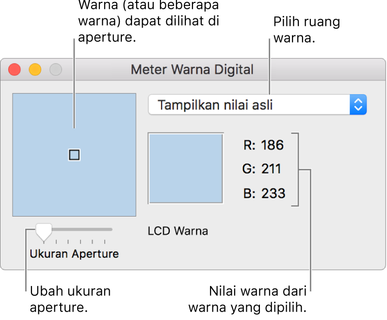 Jendela Meter Warna Digital, menampilkan warna yang dipilih pada aperture di sebelah kiri, menu pop-up ruang warna, nilai warna, dan penggeser Ukuran Aperture.