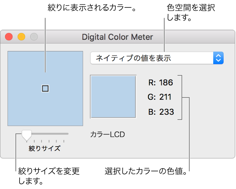 「Digital Color Meter」ウインドウ。左側の絞りで選択した色、色空間ポップアップメニュー、カラー値、および「絞りサイズ」スライダが表示されています。