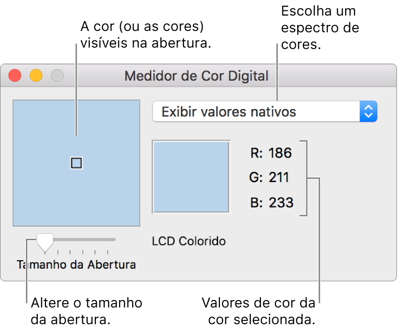 Janela do Medidor de Cor Digital mostrando a cor selecionada na abertura à esquerda, o menu local de espectro de cores, os valores de cor e o controle de Tamanho da Abertura.