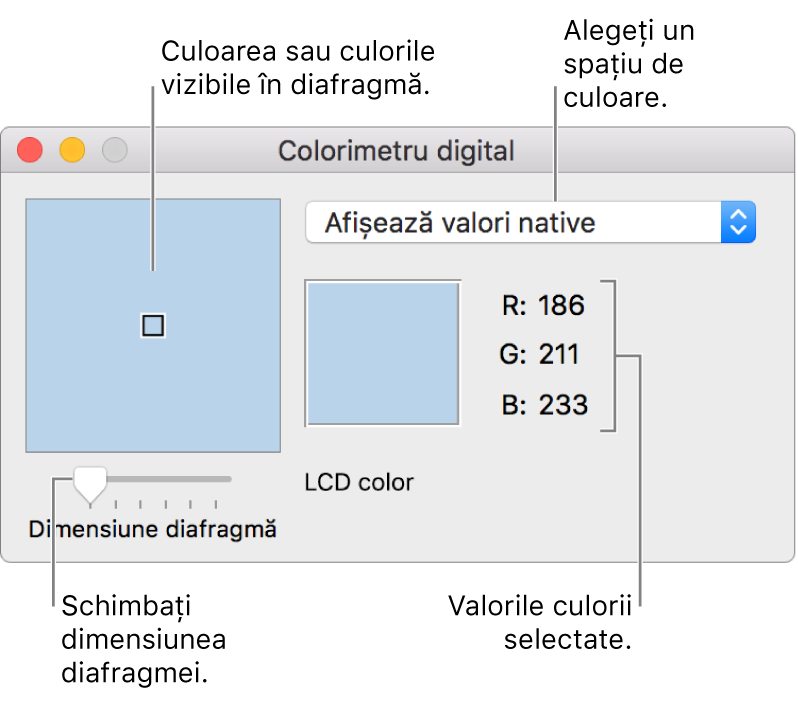 Fereastra Colorimetru digital, afișând culoarea selectată în diafragma din stânga, meniul pop-up pentru spațiul de culoare, valorile de culoare și glisorul Dimensiune diafragmă.