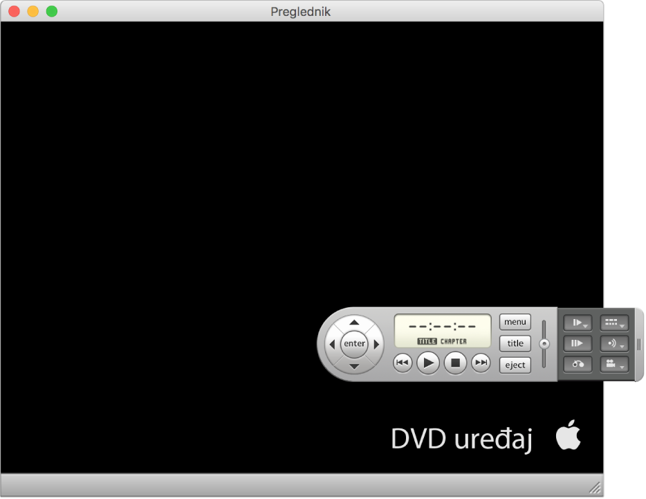 Prozor i kontroler DVD uređaja s reprodukcijom DVD filma.