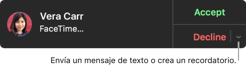 Haz clic en la flecha situada junto a Rechazar en la notificación para enviar un mensaje de texto o crear un recordatorio.