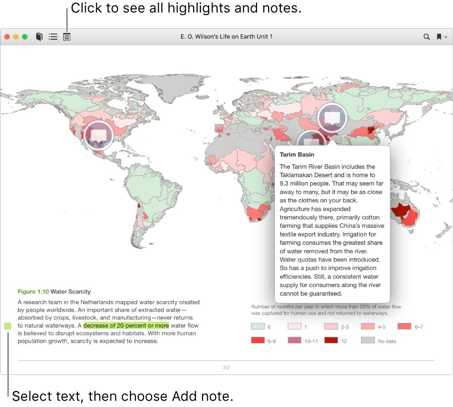 An iBooks textbook showing highlighted text, a note, and interactive media.