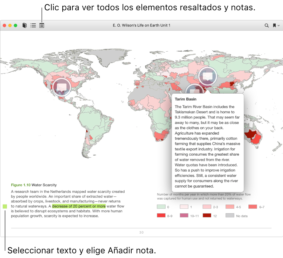 Un libro de texto de iBooks con texto resaltado, una nota y contenido interactivo.
