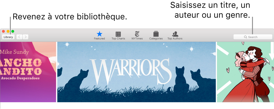 La barre d’outils de l’iBooks Store. Cliquez sur Bibliothèque pour revenir à votre bibliothèque.