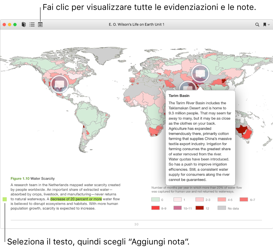 Un libro di testo iBooks che mostra un testo evidenziato, una nota e dei contenuti multimediali interattivi.