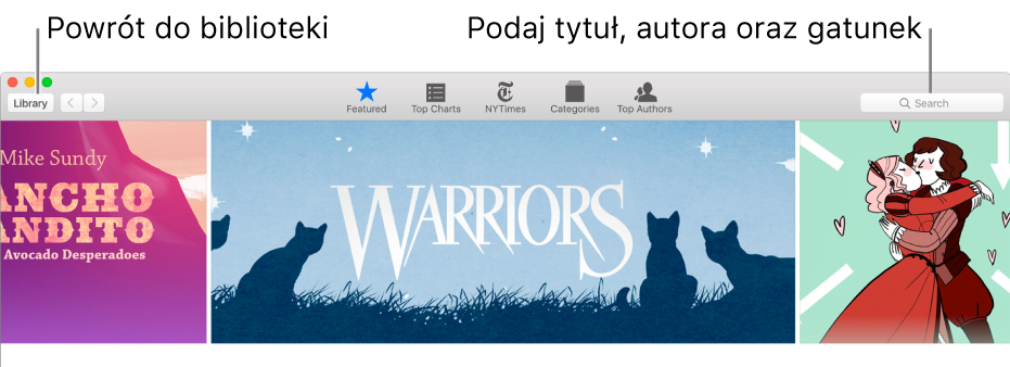 Pasek narzędzi w iBooks Store. Kliknij w Biblioteka, aby wrócić do swojej biblioteki.