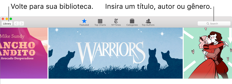 A barra de ferramentas da iBooks Store. Clique em Biblioteca para voltar à biblioteca.