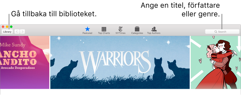 Verktygsfältet i iBooks Store. Klicka på Bibliotek om du vill gå tillbaka till biblioteket.