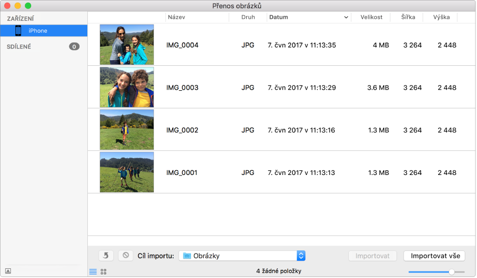 Okno aplikace Přenos obrázků s náhledy obrázků na zařízení