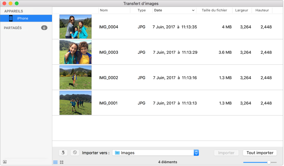 La fenêtre Transfert d’image affichant des images sur un appareil.