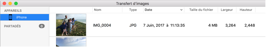 Une partie de la fenêtre Transfert d’images.