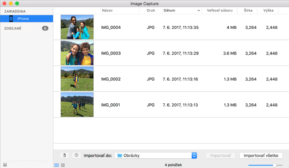 Okno aplikácie Image Capture zobrazujúce obrázky v zariadení.