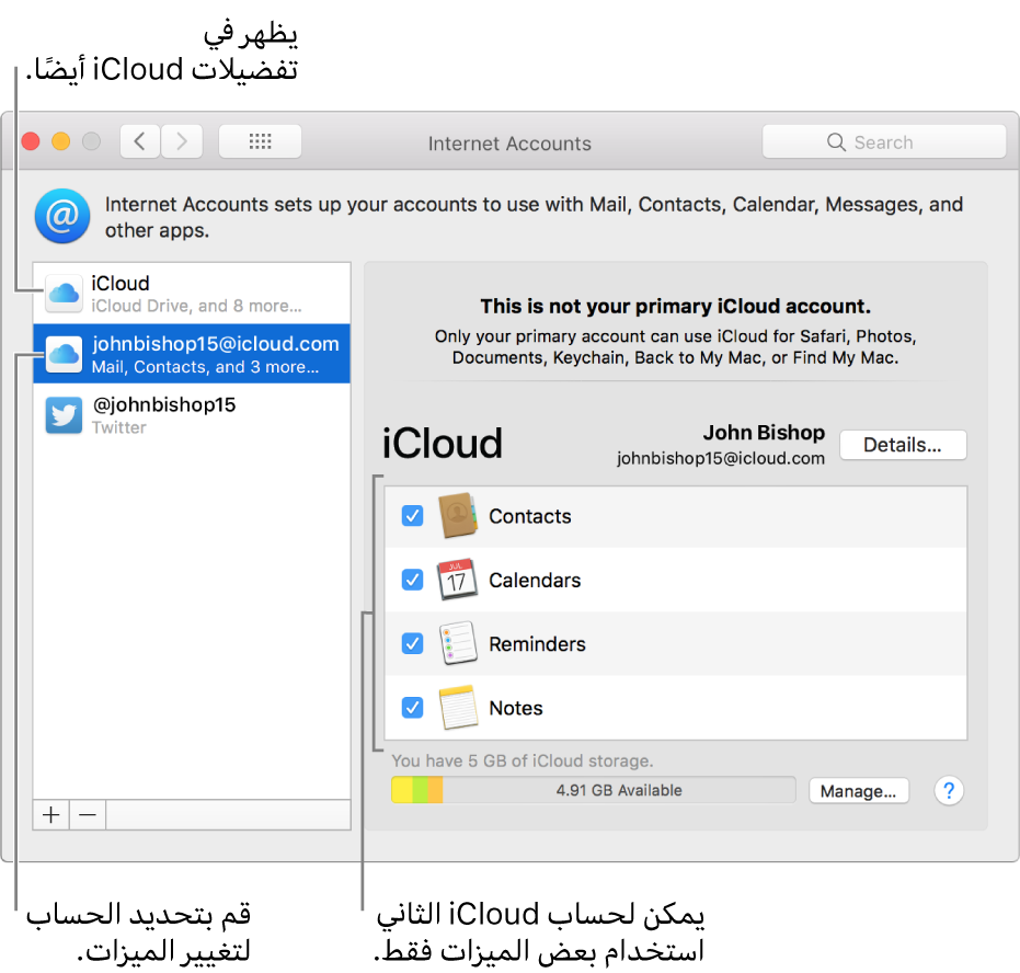 تفضيلات حسابات الإنترنت تعرض حسابي iCloud. الحساب الثاني، المحدد في القائمة على اليسار، يُظهر أنه لا يحتوي إلا على بعض الميزات المتوفرة.