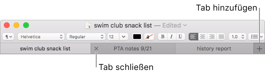 TextEdit-Fenster mit drei Tabs in der Tableiste (unter der Format-Leiste) In einem Tab wird die Taste „Schließen“ angezeigt. Die Taste „Hinzufügen“ befindet sich am rechten Ende der Tableiste.