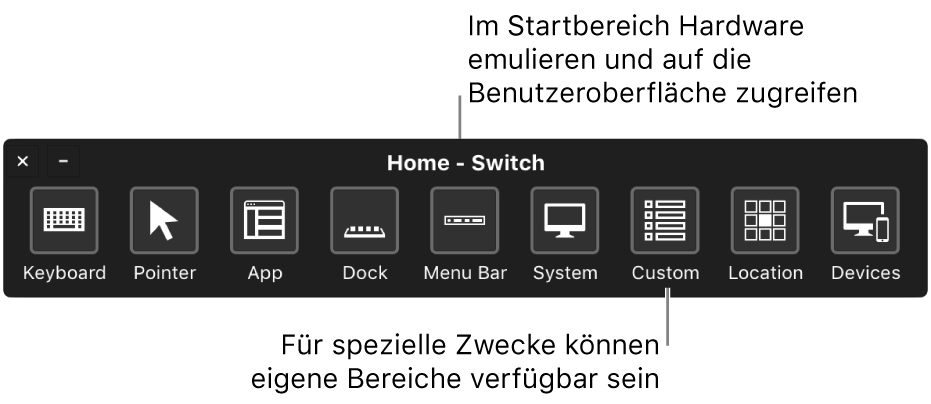 Verwende den Startpanel der Schaltersteuerung, um Hardware zu emulieren und auf die Benutzeroberfläche zuzugreifen. Für spezialisierte Aufgabenfelder sind möglicherweise angepasste Bereiche verfügbar.