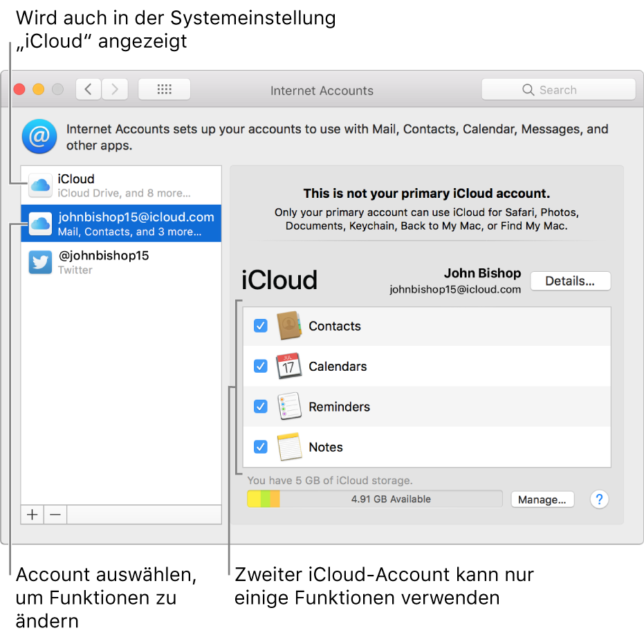 Systemeinstellung „Internetaccounts“ mit zwei iCloud-Accounts. Der zweite Account ist links in der Liste ausgewählt und zeigt, dass nur eine Funktion verfügbar ist.