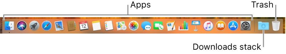 The Dock showing app icons, the Downloads stack icon, and the Trash icon.