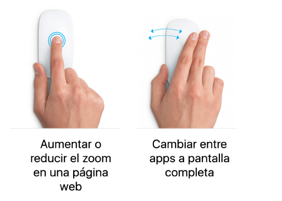 Ejemplos de gestos del mouse para acercar y alejar el contenido de una página web, y alternar entre apps en pantalla completa.