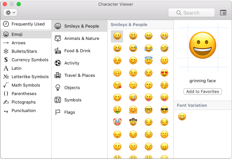 Visor de Caracteres muestra emoji y símbolos.