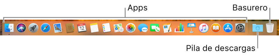 El Dock mostrando íconos de apps, el ícono de la pila de descargas, y el ícono del Basurero.