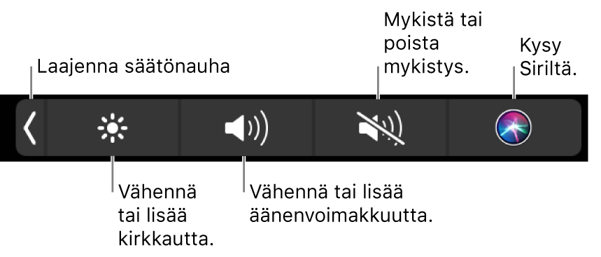 Pienennetyssä Control Stripissä on painikkeet, joilla voidaan (vasemmalta oikealle) laajentaa Control Strip, lisätä tai vähentää näytön kirkkautta ja äänenvoimakkuutta, mykistää tai poistaa mykistys sekä kysyä Siriltä.