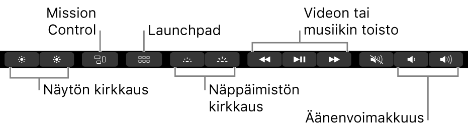 Laajennetun Control Stripin painikkeet ovat (vasemmalta oikealle) näytön kirkkaus, Mission Control, Launchpad, näppäimistön kirkkaus, videon tai musiikin toisto ja äänenvoimakkuus.