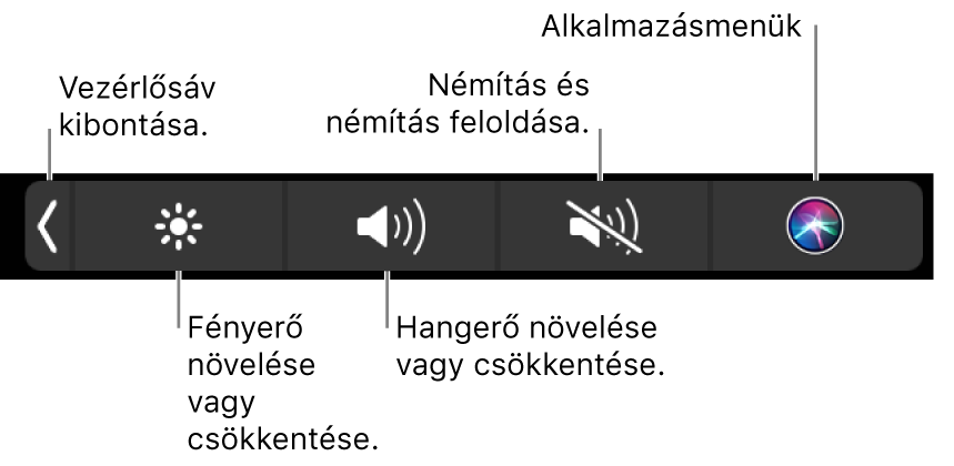 A visszazárt Control Strip gombokat tartalmaz, amelyek (balról jobbra) a következők: a Control Strip kibontása, a képernyő fényerejének és a hangerőnek a növelése és csökkentése, a némítás, a némítás feloldása, valamint a Siri megkérdezése.