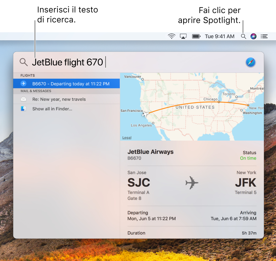 Il menu Spotlight che mostra un esempio di ricerca con i risultati corrispondenti.