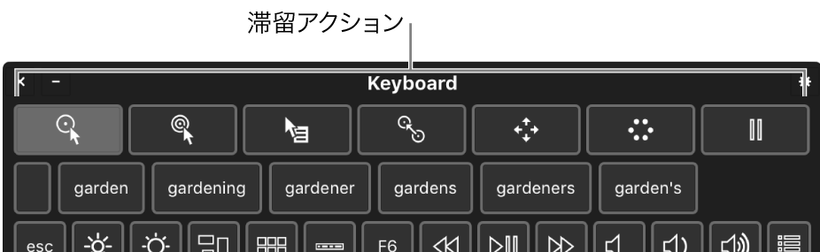 アクセシビリティキーボード上部にある滞留アクションボタン。