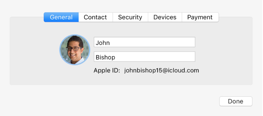 iCloud 환경설정의 계정 세부사항 대화상자