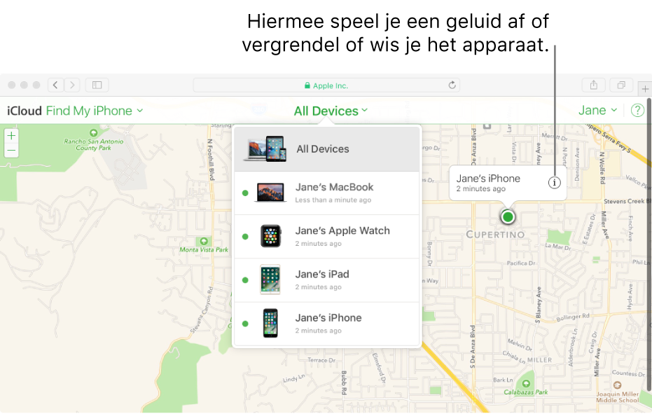 Een kaart in Zoek mijn iPhone op iCloud.com waarop de locatie van een Mac wordt weergegeven.