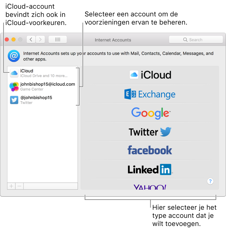 Het paneel 'Internetaccounts' in Systeemvoorkeuren, met iCloud- en Twitter-accounts aan de rechterkant en beschikbare accounttypen aan de linkerkant.