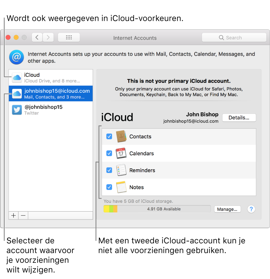 Het paneel 'Internetaccounts' in Systeemvoorkeuren met twee iCloud-accounts. Bij de tweede account, die in de lijst aan de linkerkant is geselecteerd, zijn slechts een paar voorzieningen beschikbaar.