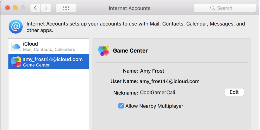 En Game Center-konto i Internett-kontoer.