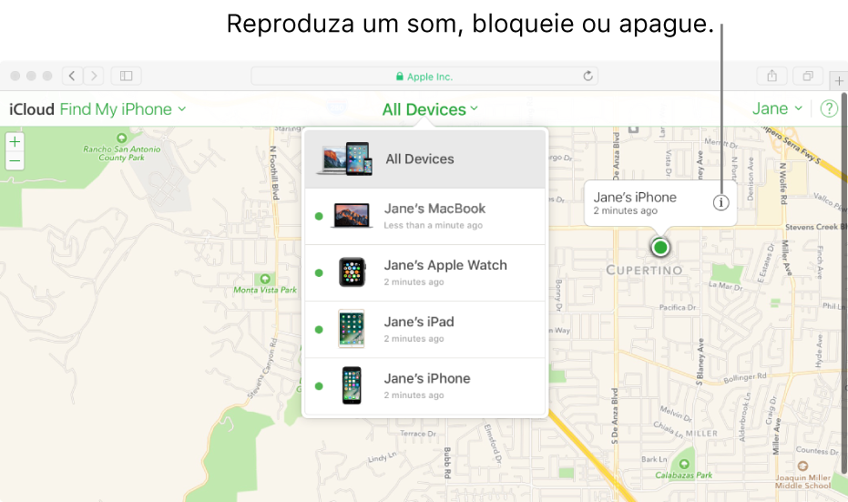 Um mapa do Buscar iPhone em iCloud.com, mostrando a localização de um Mac.
