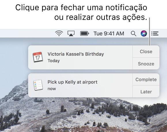 Notificações dos apps Calendário e Lembretes no canto superior direito da tela.