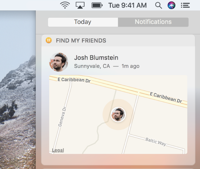 O widget Encontrar Amigos na vista Hoje na central de notificações apresentando a localização no mapa de um amigo.
